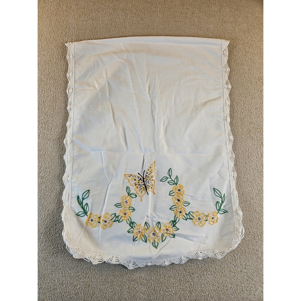 Vintage Embroidered Butterfly Floral Table Runner White Lace Trim 40x15